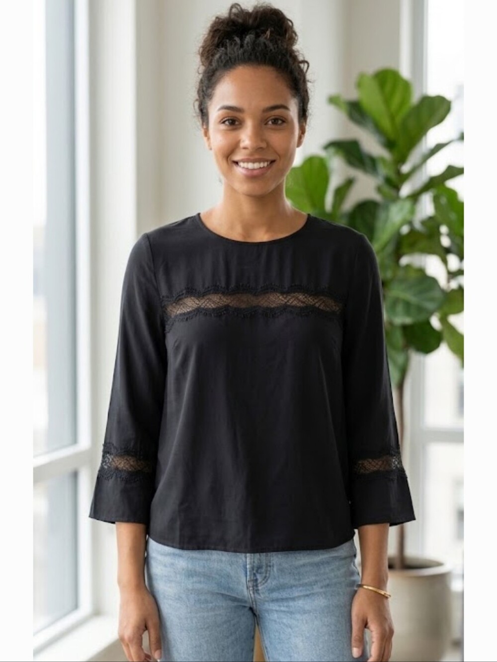 Madewell Black 100% Silk Inset Lace Blouse Top Size S